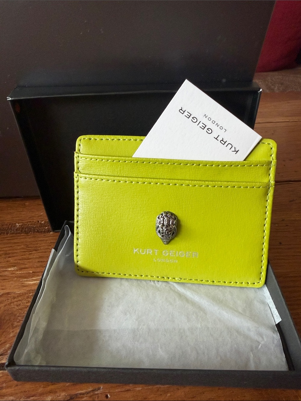 Kurt Geiger Lime Green Leather Card Holder with Silver Tone Leopard Head